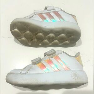 Adidas Kids White Sneakers with Gold and Pink Stripes